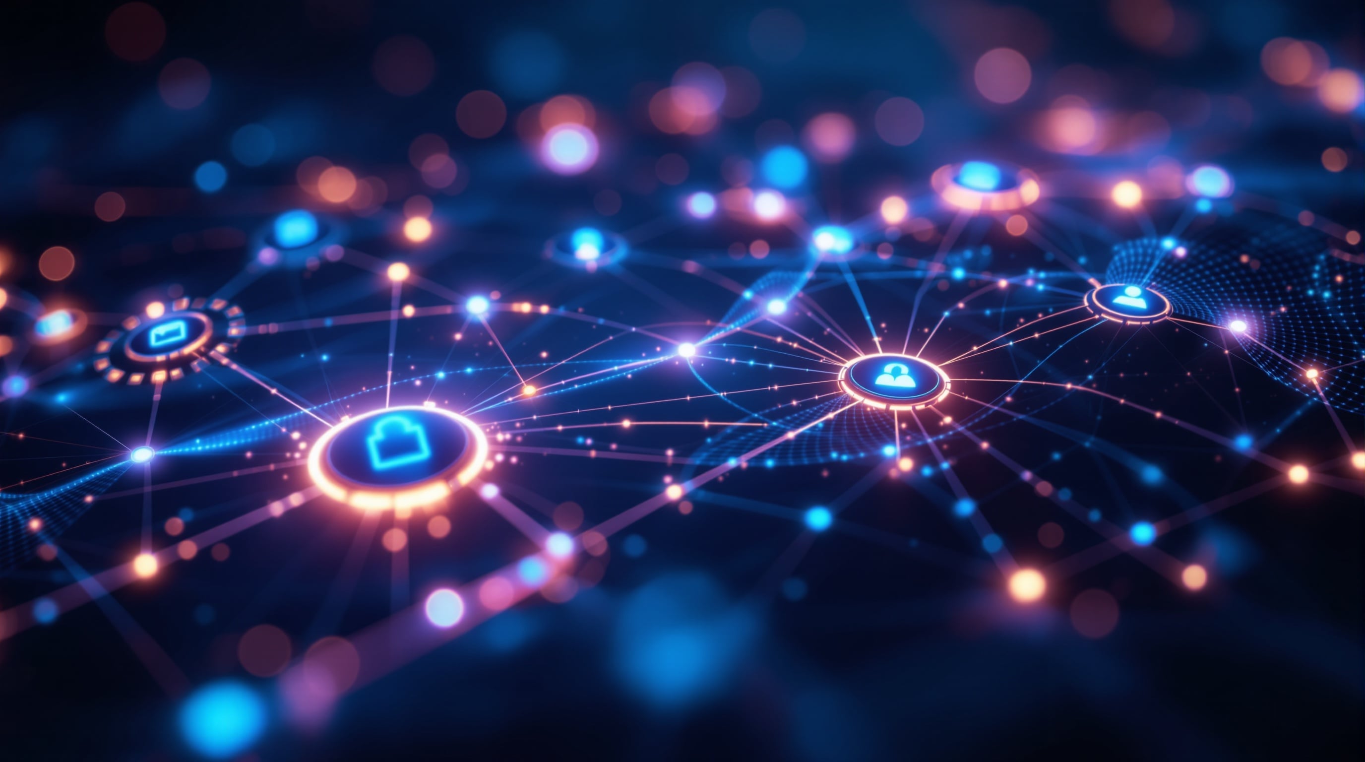 Interconnected data network showing files, contacts, calendar, tasks, and locations flowing together in a unified system